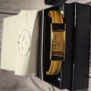 Authentic Prada Logo Saffiano Leather Bracelet New in box - Gold/Tan size Large*